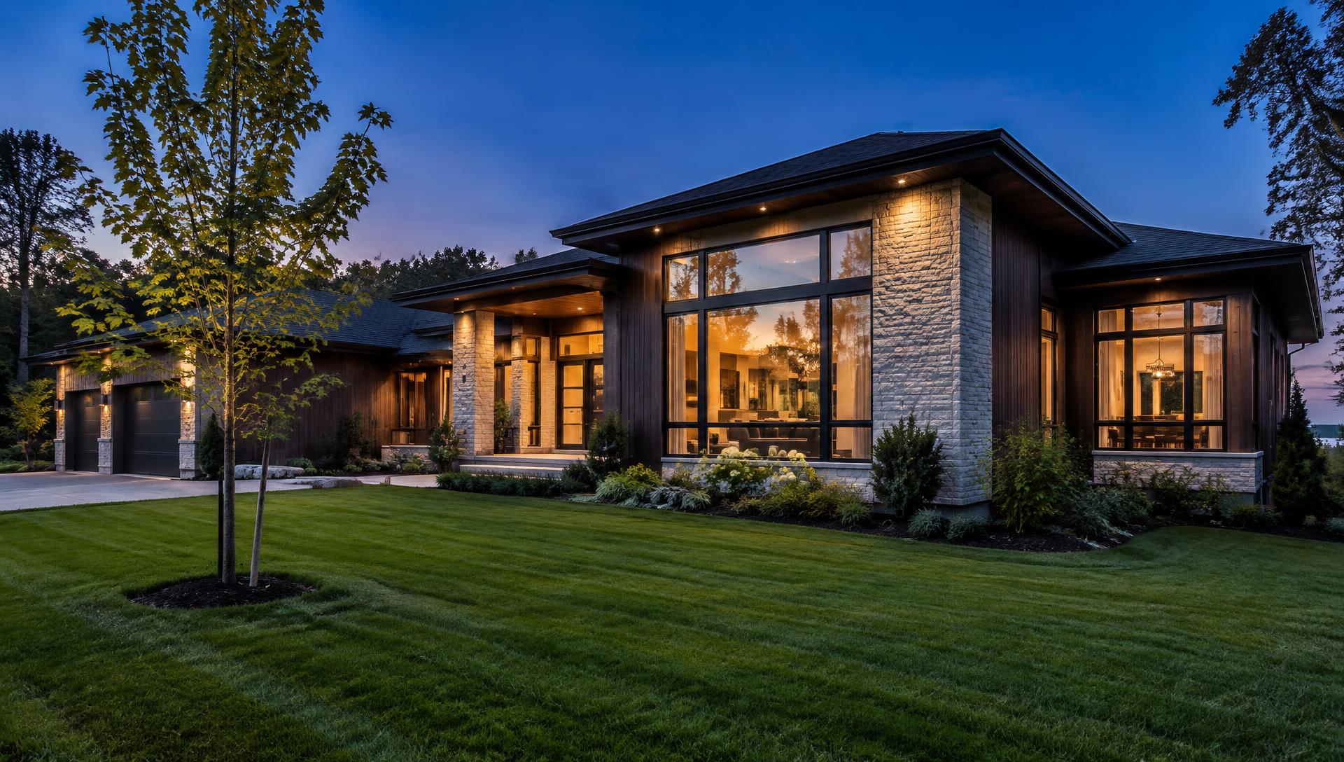 Modern custom home exterior at dusk