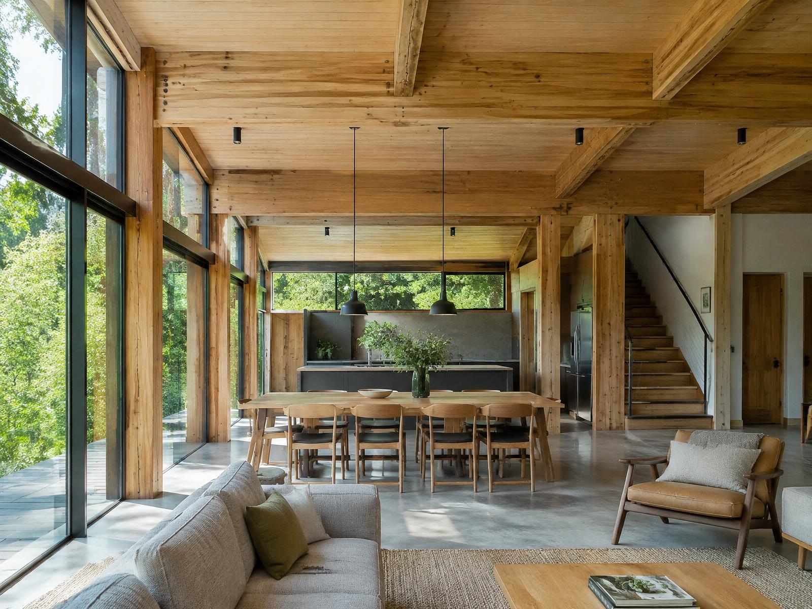 Timber-framed interior filled with natural light